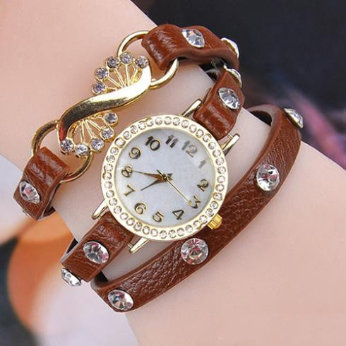 Women's Girl's Fashion Rhinestone Leather Band Bracelet Quartz Wrist Dress Watch