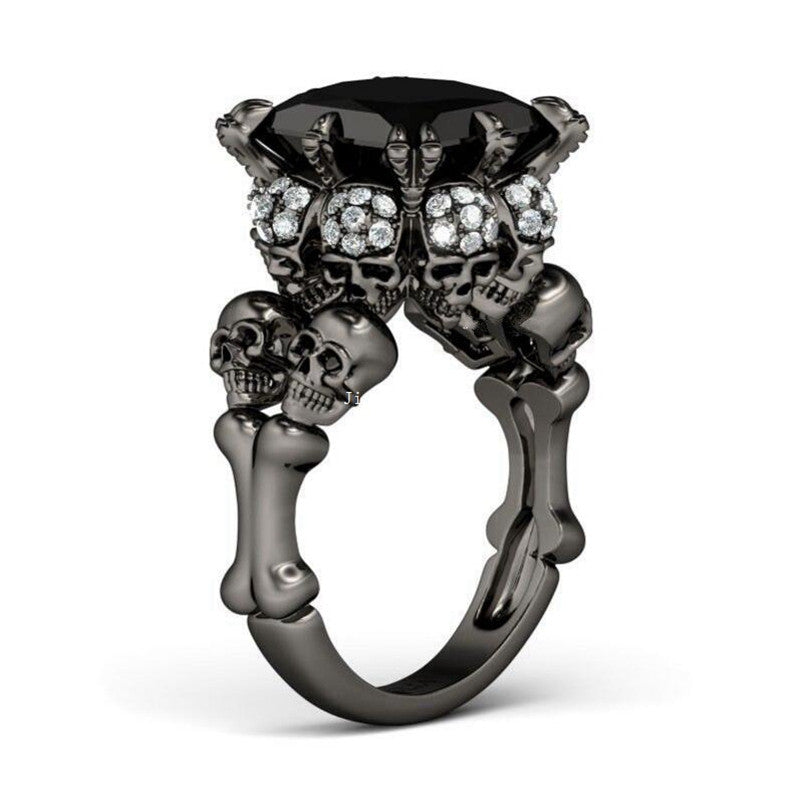 Women's Skull Ring Rhodium Plated Princess cut 10mm Black Zircon Zircon Women's Wedding Ring Punk Jewelry