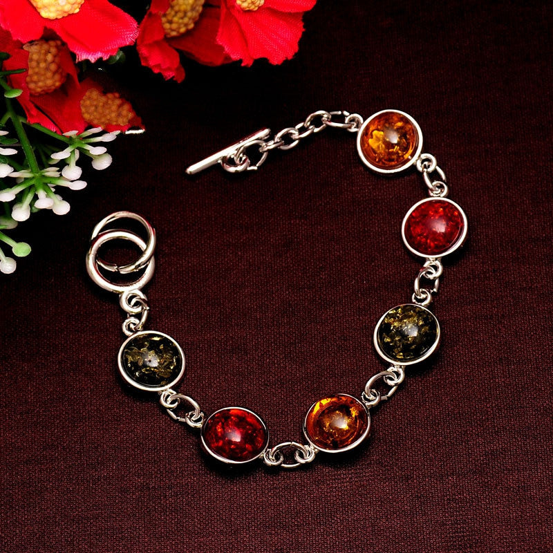 Women/Lady's Vintage Retro Silver Plated Bohemia Colorful amber Gem Round Bracelets & Bangles Jewelry