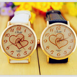 Women Numerals Faux Leather Band Analog Quartz Wrist Watch New Romantic Double Heart Fashion Watches