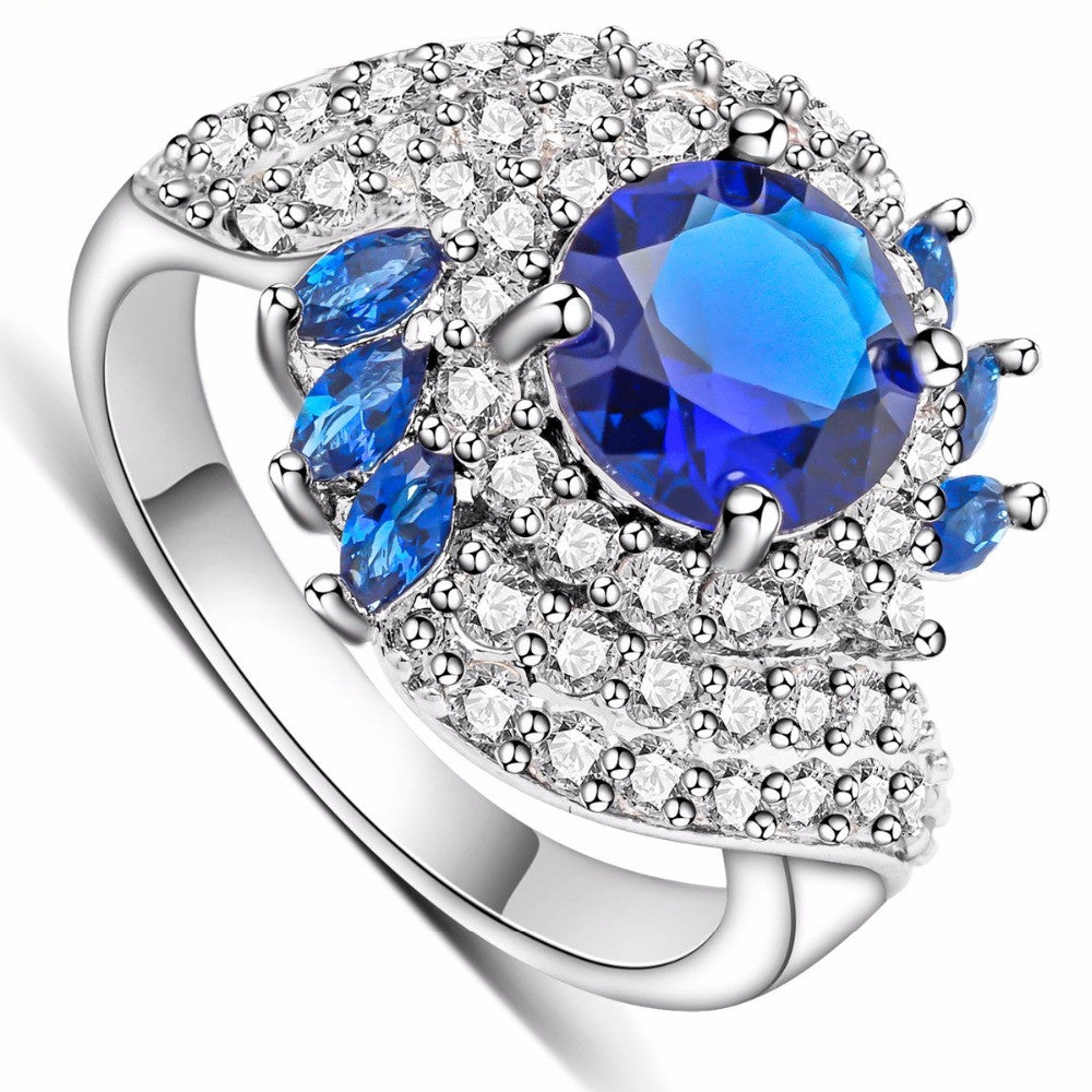 Women's Rings White Gold Plated Fill Inlay Blue Zircon Crystal Jewelry Charms Ring Female Gifts