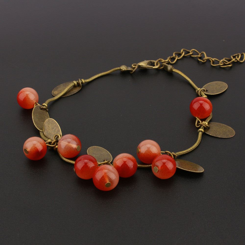 Womens Sweet Jewelry Vintage Retro Red Cherry Beaded Leaf Charm Bangle Bracelet