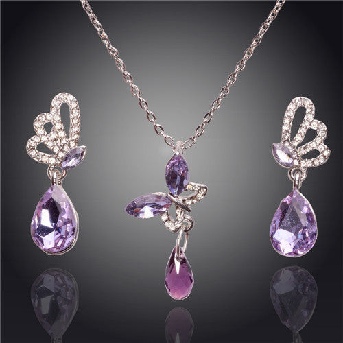 New Austrian Crystal Butterfly Earrings Water Drop Pendant For Women Jewelry Sets Wedding Party Gift