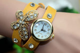 New women vintage leather strap watches,set auger butterfly rivet bracelet women dress watch,women wristwatch