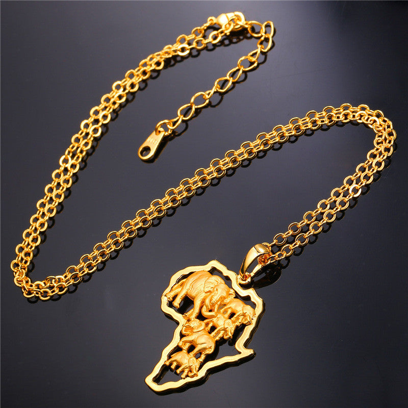 Yellow Gold Plated African Map Elephant Animal Jewelry Gift New Men/Women Ethnic Africa Pendant Necklace