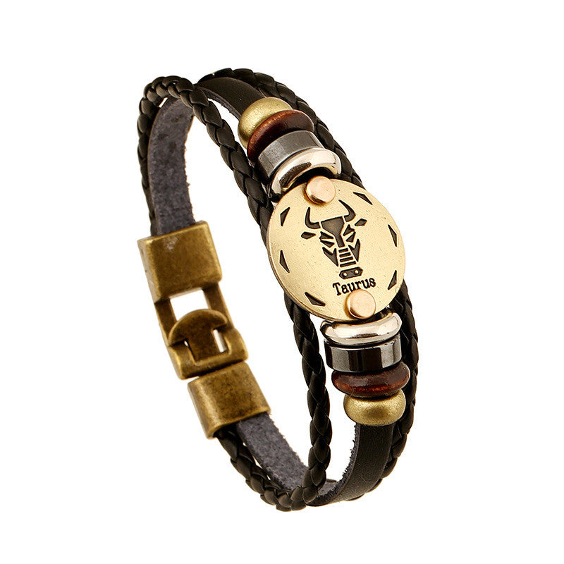 Zodiac bracelet Men vintage bronze Handmade Braid multilayer Genuine Leather Women Wrap Charm Bracelets Bangles Jewelry