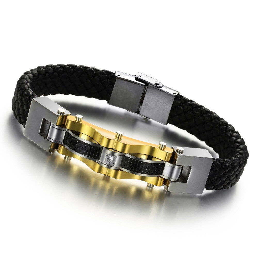 New men's vintage gold jewelry steampunk leather bracelet fashion black bangle luxury charm items