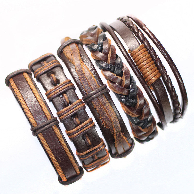 Latest dark brown handmade tribal ethnic genuine braided leather bracelet for unisex 5pcs/lot