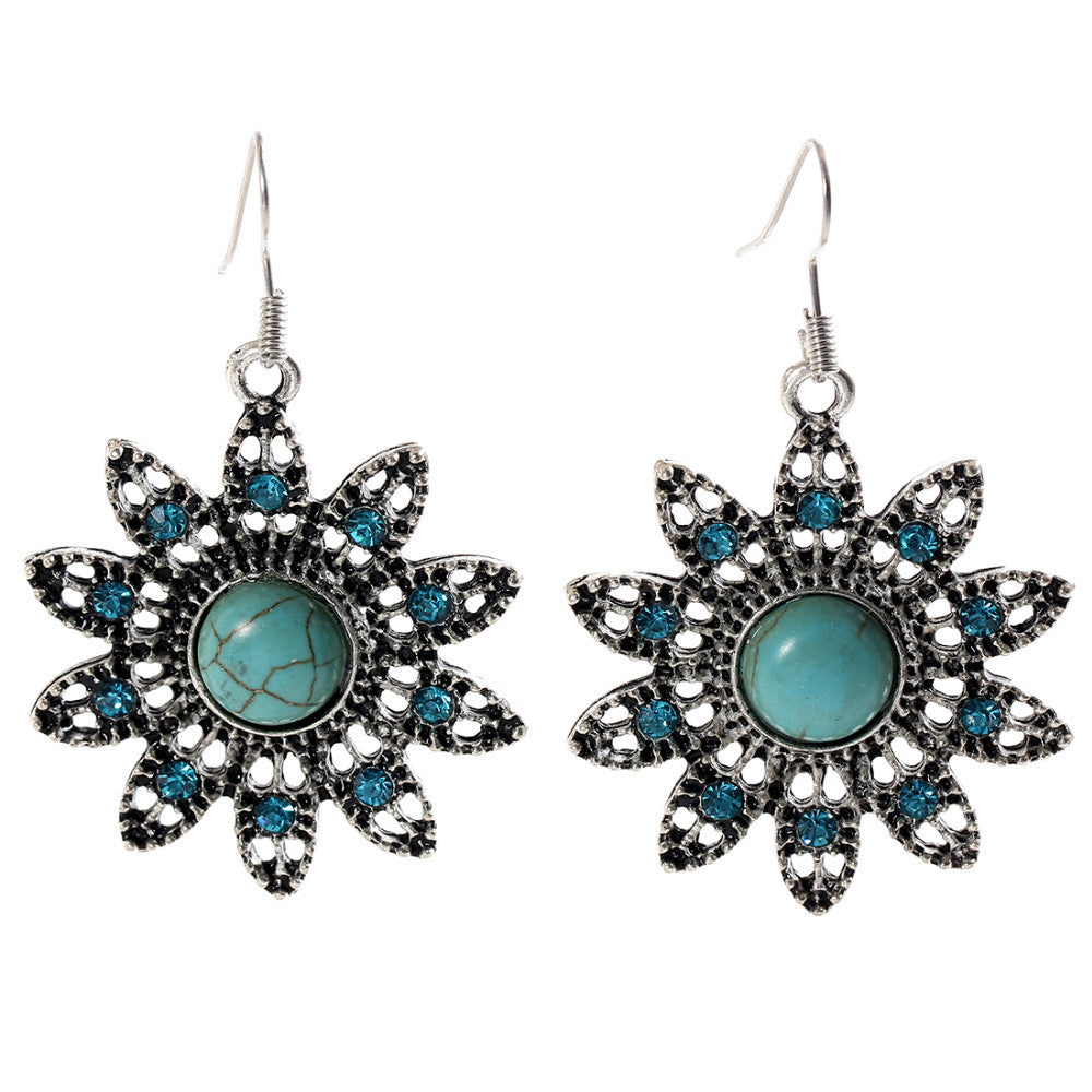 Hot earring Charming Ethnic Tibetan Silver Oval Rimous Turquoise Earring Crystal Drop Dangle Earrings Christmas Gift for Women