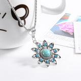 hot necklace Christmas Antique Hollow Tibetan Silver Crystal flower Turquoise Pendant Chain Necklace Clothes for Women