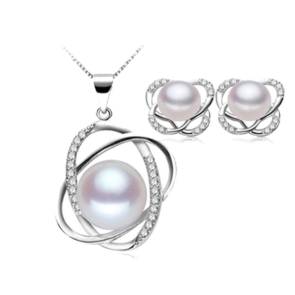 Hot selling natural pearl jewelry set for women fashion top quality 925 sterling silver necklace&earrings