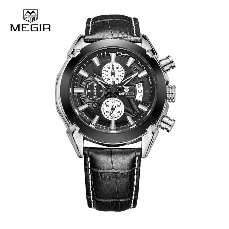 New megir fashion leather sports quartz watch for man military chronograph wrist watches men army style