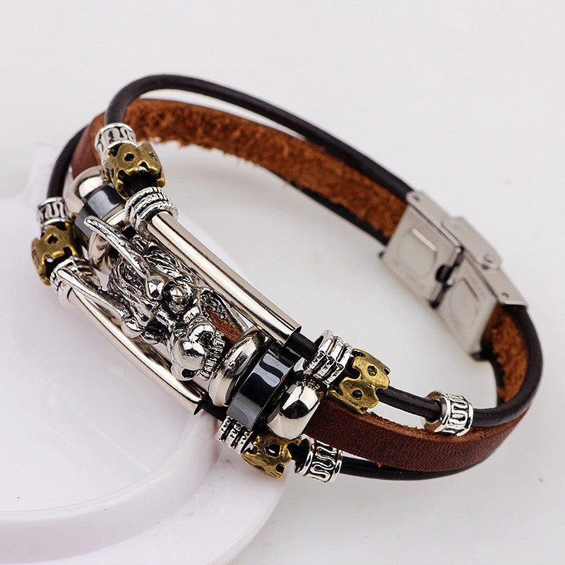 Men Accessoires homme Tibetan silver men leather bracelet fashion male vintage parataxis dragon Multilayer jewelry