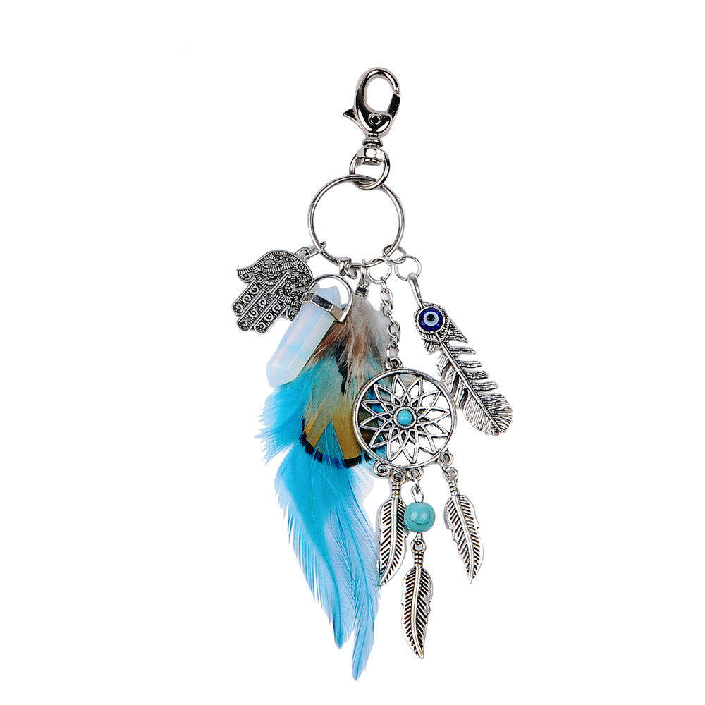 Natural opal stone dreamcatcher keyring fashion silver boho jewelry feather keychain for women