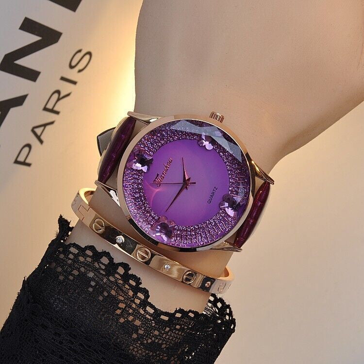 New fashion luxury brand Large Dial Diamond Watch women leather color diamond quartz watch
