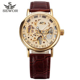 New fashion sewor brand design cool skeleton men clock luxury gold hand wind mechanical leather wrist male business watch