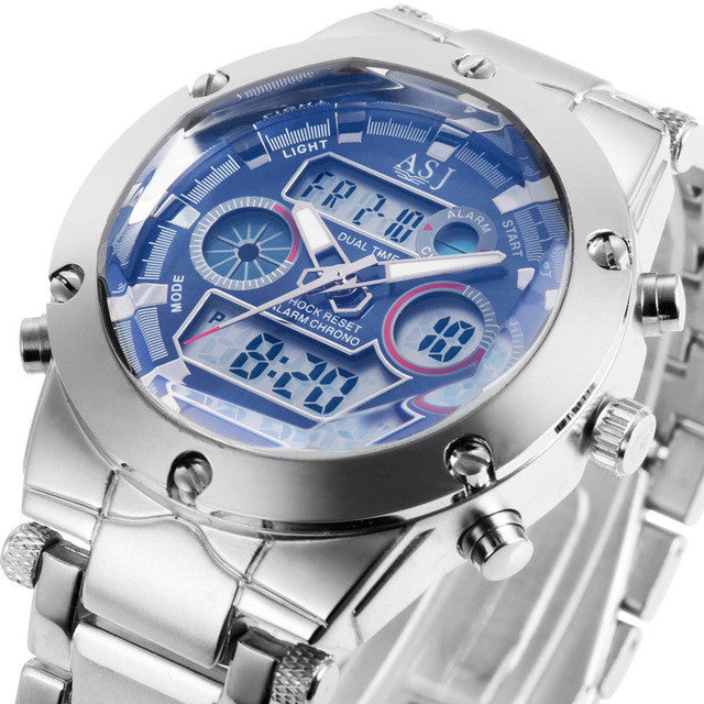 New fashion stylish sport waterproof steel ASJ clock army LED digital men military outdoor wrist quartz swimming watch