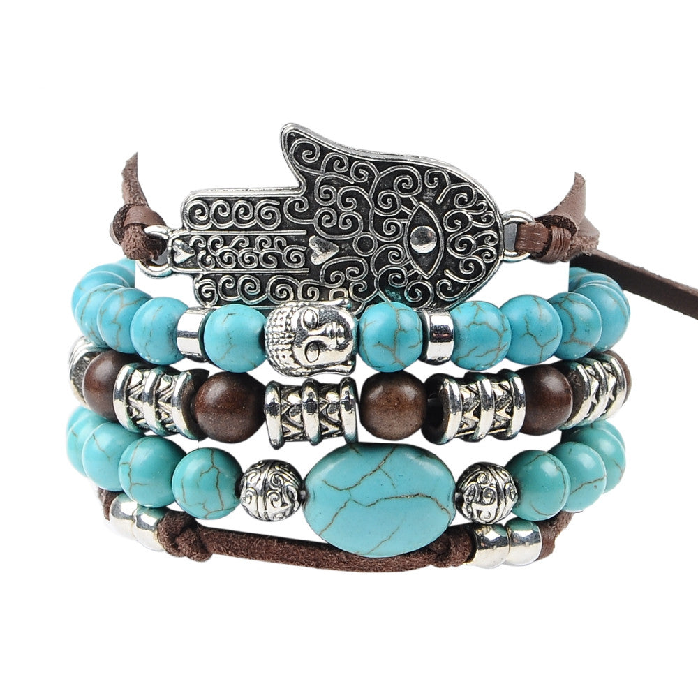 New hamsa hand 5pcs set leather bracelets boho turquoise bracelet set for statement women jewelry party gift