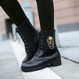 new hot sale Autumn women cool boots Large size 34-40 skull street zip leisure round toe casual lace up ankle boots