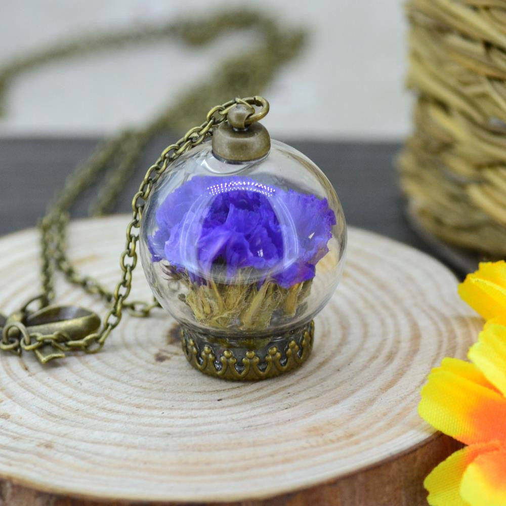 Real natural air dried flowers necklace Glass Dome Pendant necklace antique Bronze chain Necklace Lavender Flower for women 88cm