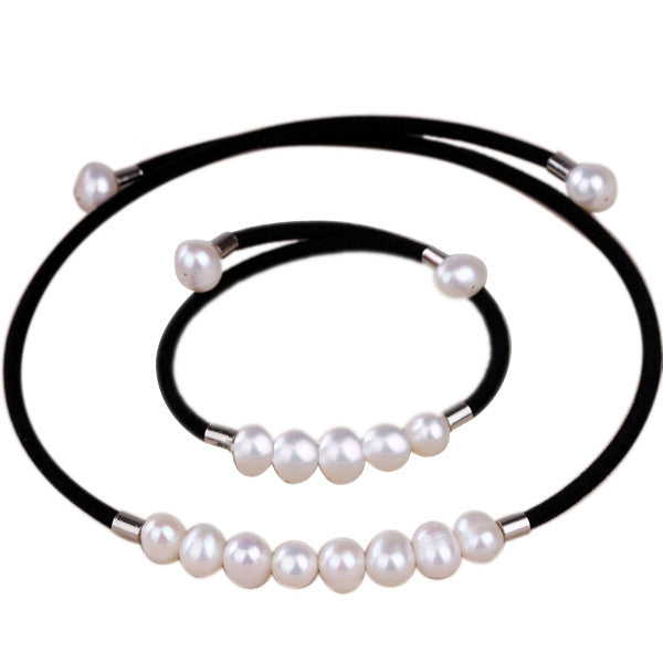 Real natural freshwater pearl jewelry sets necklace and bracelet for women charm black velvet Torques accessaries