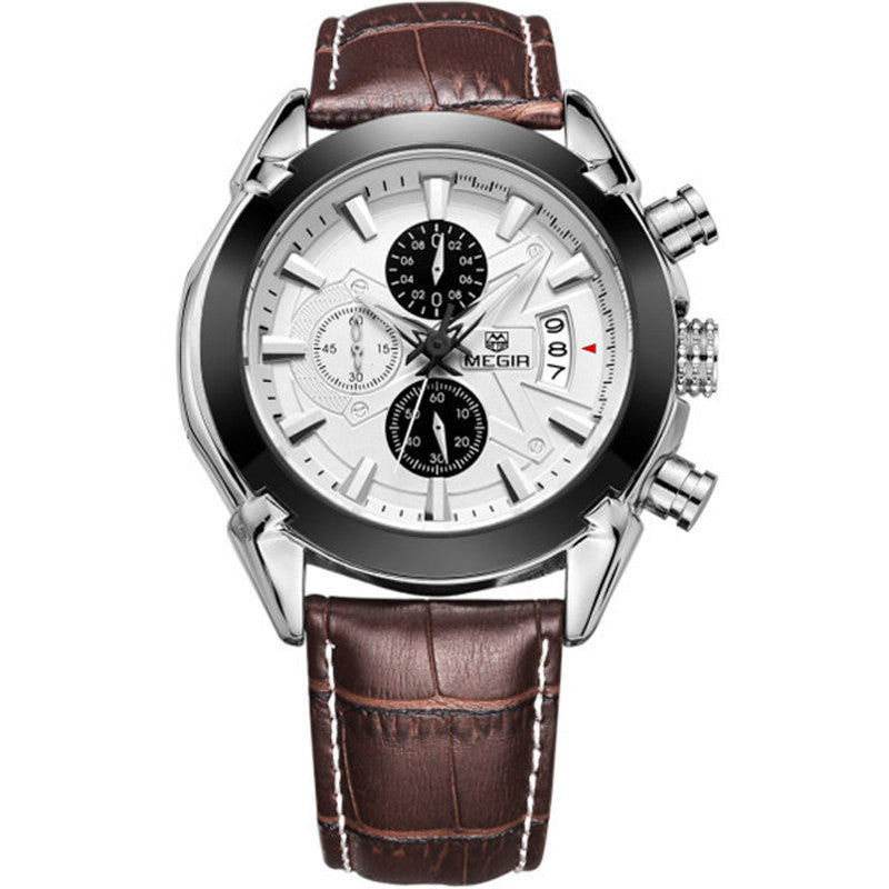Luxury MEGIR Brand Genuine Leather Watches Chronograph 6 Hands 24 Hours Function Quartz Watch Men Wristwatch