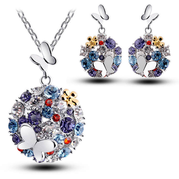 Fashion Brand 18K Jewellery Rhinestone Crystal Jewelry Sets Butterfly Costume Jewelry Necklace Earrings Set for women