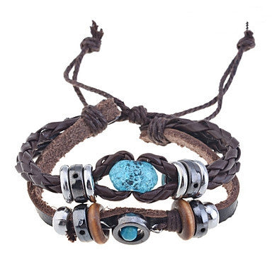 Handmade Vintage Multi Strand Blue Amber Bead Charm Leather Wrap Bracelet
